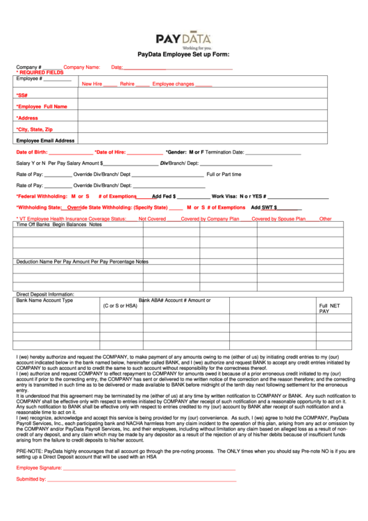 Paydata Employee Set Up Form Printable pdf