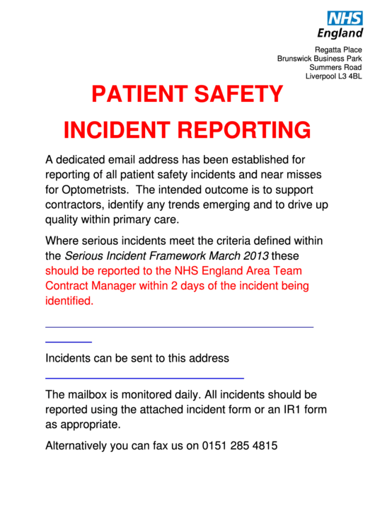 Patient Safety Incident Reporting Printable pdf