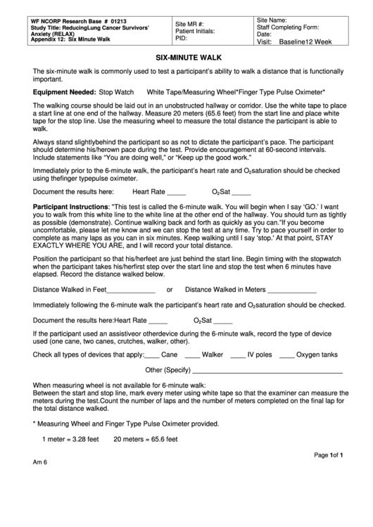 Six Minute Walk Fitness Test Form Printable pdf