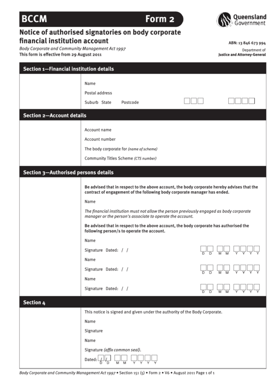 Bccm Form 2 - Notice Of Authorised Signatories On Body Corporate Financial Institution Account Printable pdf