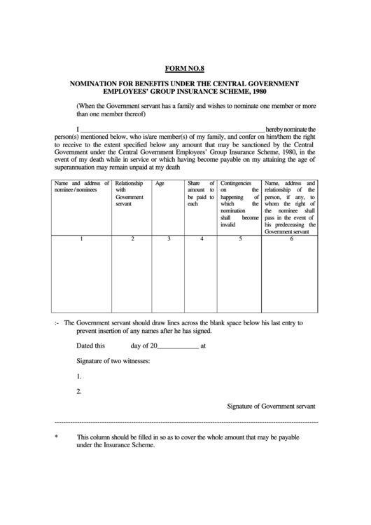 Form No.8 Nomination For Benefits Under The Central Government Employee