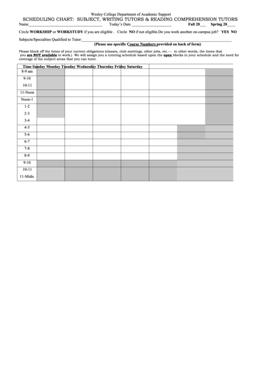 Scheduling Chart: Subject, Writing Tutors & Reading Comprehension Tutors Printable pdf