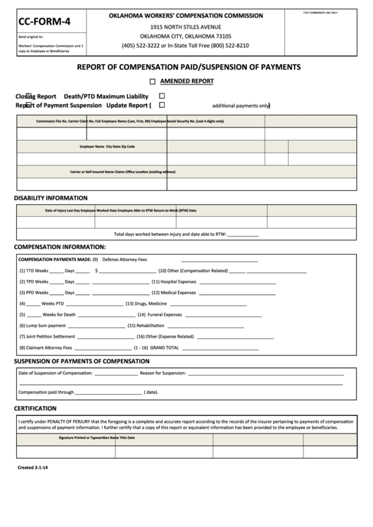 Fillable Cc-Form-4 - Oklahoma - Report Of Compensation Paid/ Suspension Of Payments Printable pdf