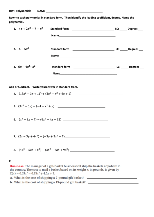 Hw: Polynomials - Worksheet Printable pdf
