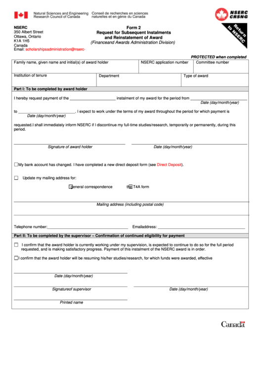 Form 2 Request For Subsequent Instalments And Reinstatement Of Award Printable pdf