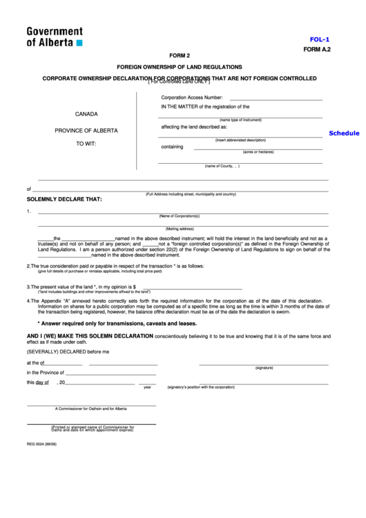 Fillable Form A.2 - Foreign Ownership Of Land Regulations Printable pdf
