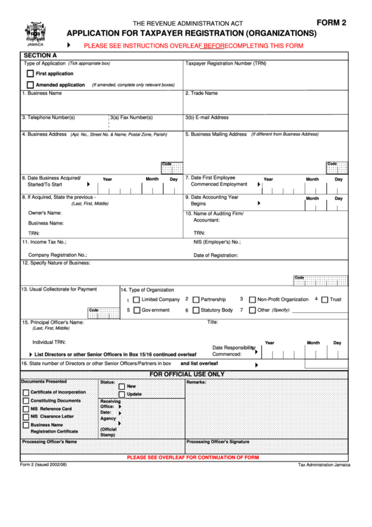 Fillable Form 2 - Application For Taxpayer Registration (Organizations) Printable pdf