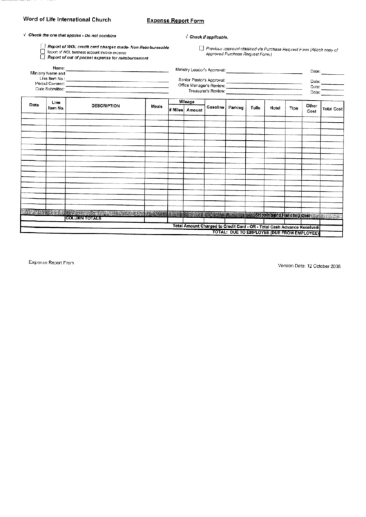 Expense Report Form Printable pdf