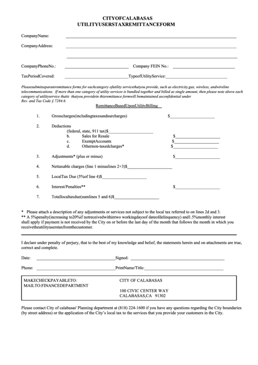 Utility Users Tax Remittance Form - City Of Calabasas Printable pdf