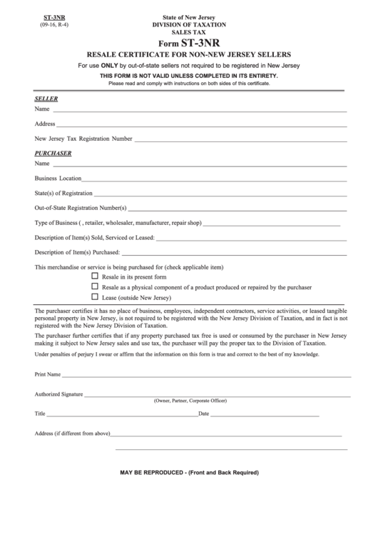 Fillable Form St-3nr Resale Certificate For Non-New Jersey Sellers Printable pdf
