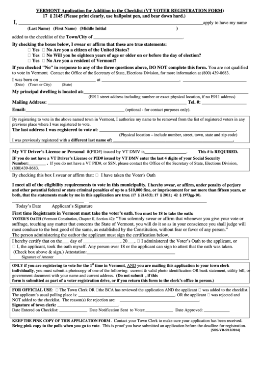 Application For Addition To The Checklist Printable pdf