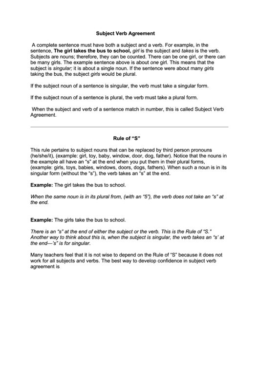 Subject Verb Agreement Printable pdf