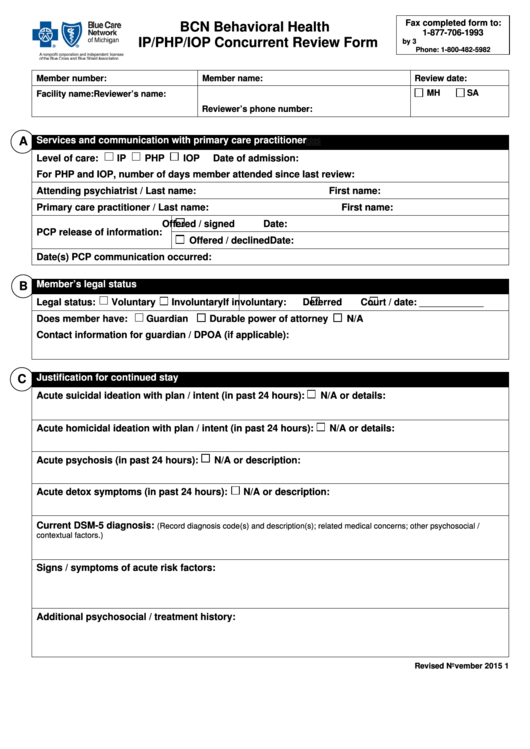 Fillable Bcn Behavioral Health Ip/php/iop Concurrent Review Form Printable pdf