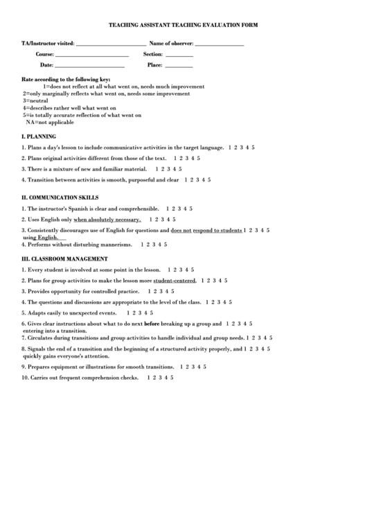 Teaching Assistant Teaching Evaluation Form Printable pdf
