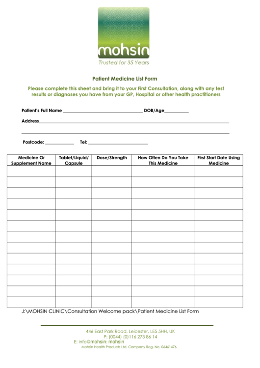 Patient Medicine List Form Printable pdf