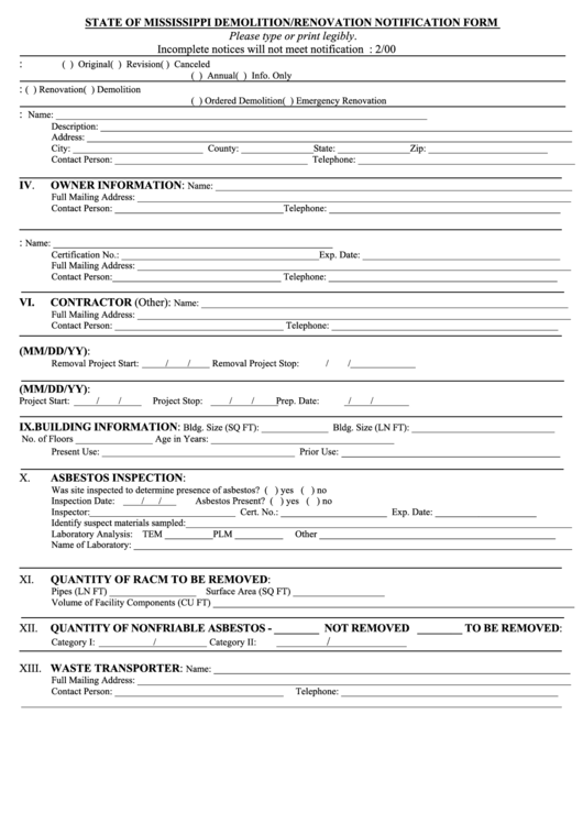 State Of Mississippi Demolition/renovation Notification Form Printable pdf