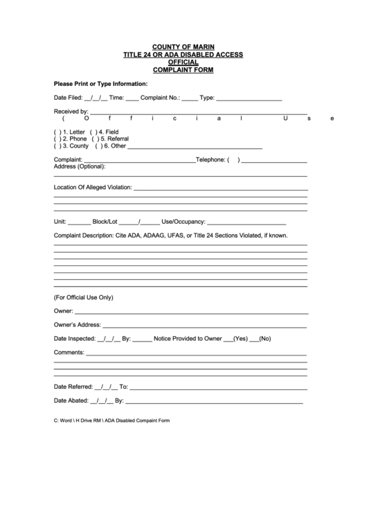 Official Complaint Form Printable pdf