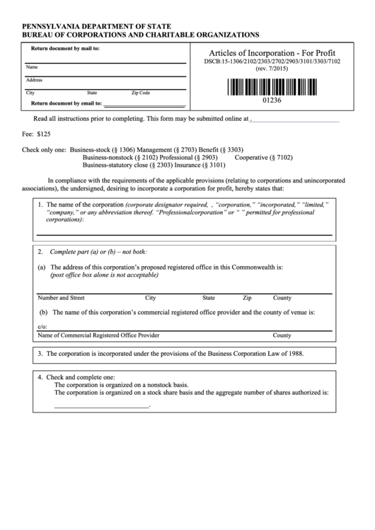 Fillable Form Dscb:15-1306 - Articles Of Incorporation - For Profit - 2015 Printable pdf