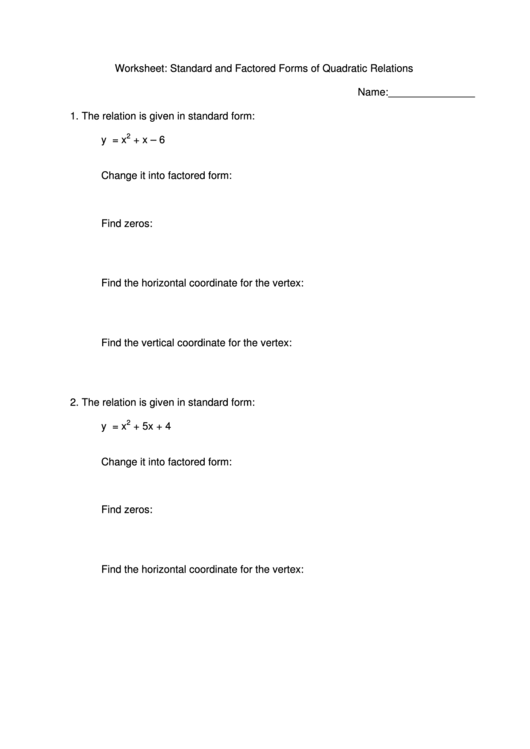 Worksheet: Standard And Factored Forms Of Quadratic Equations
