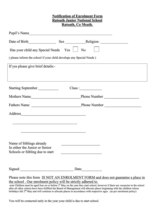 Notification Of Enrolment Form Printable pdf
