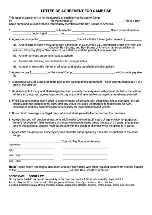 Sample Letter Of Agreement For Camp Use