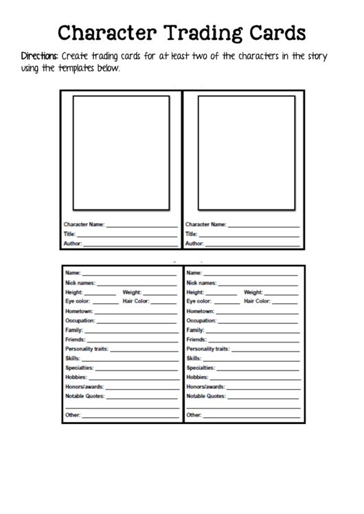 Character Trading Cards Template Printable pdf