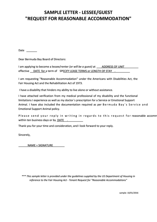 Sample Letter - Lessee/guest - Request For Reasonable Accommodation