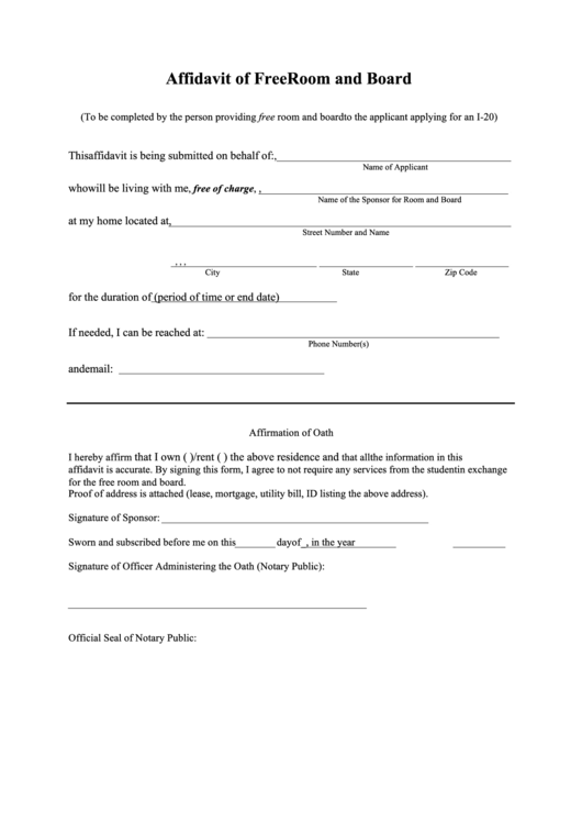 Fillable Affidavit Of Free Room And Board Printable pdf