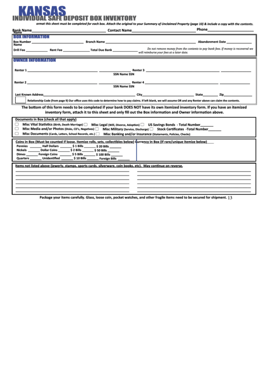 Fillable Kansas Individual Safe Deposit Box Inventory Form Printable pdf