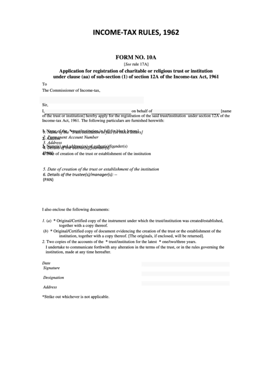 Form No. 10a - Application For Registration Of Charitable Or Religious Trust Or Institution Printable pdf