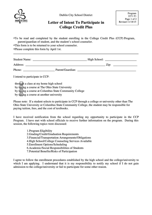 Letter Of Intent To Participate In College Credit Plus - Dublin City Schools Printable pdf