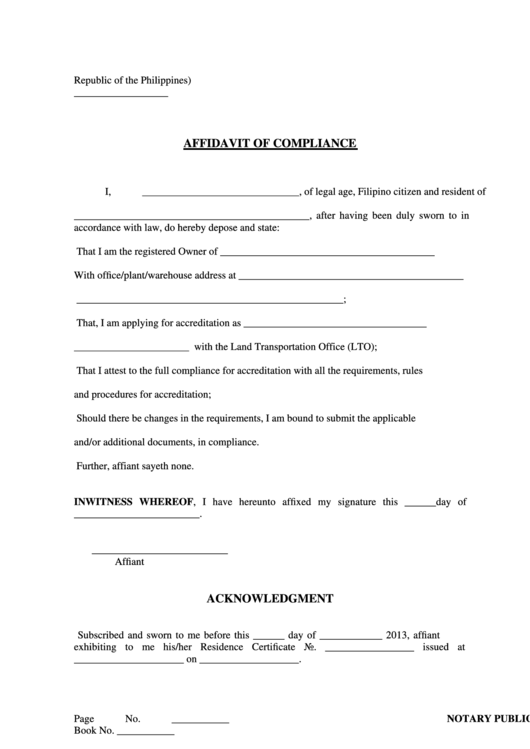 Affidavit Of Compliance printable pdf download