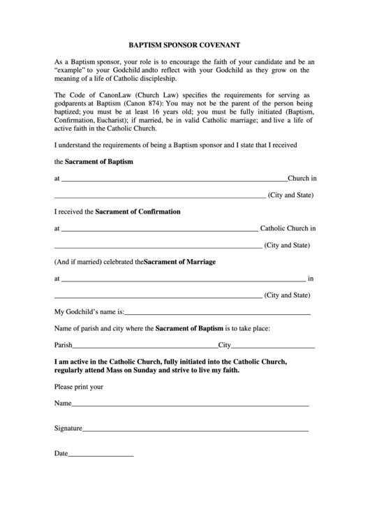 Baptism Sponsor Covenant Printable pdf