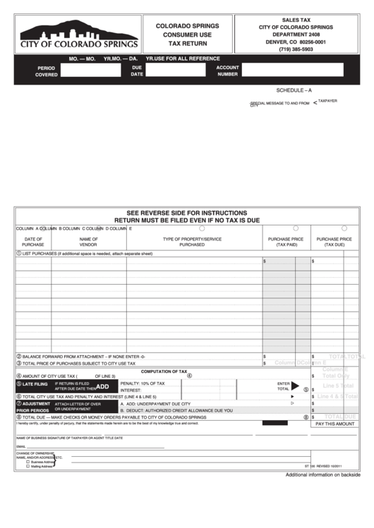Colorado Springs Consumer Use Tax Return Printable pdf