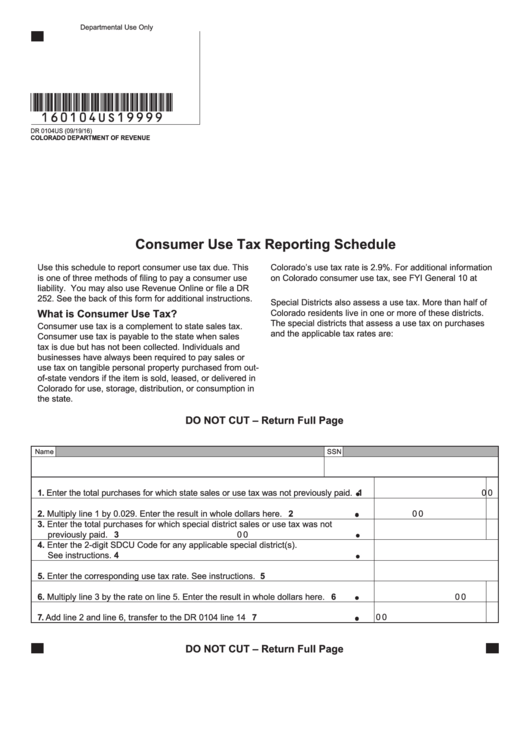 Fillable Consumer Use Tax Reporting Schedule Printable pdf