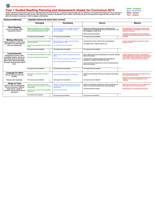 Year 1 Guided Reading Planning And Assessment Sheets For Curriculum 2014