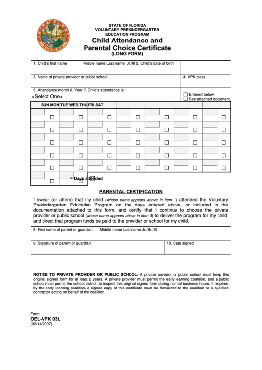 Fillable Child Attendance And Parental Choice Certificate Long Form Printable pdf