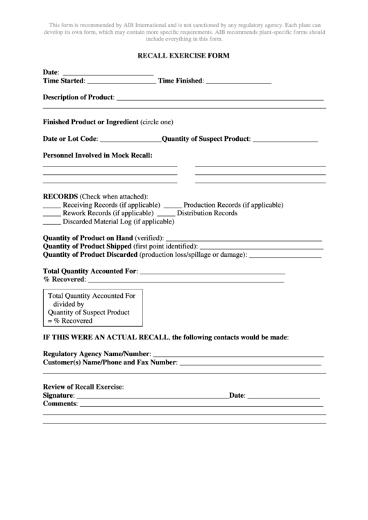 Recall Exercise Form Printable pdf