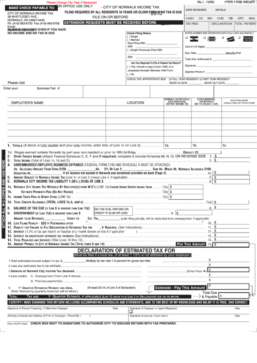 Fillable Form Ncty-1040 - Income Tax - City Of Norwalk Printable pdf