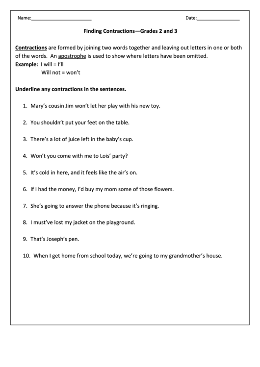 Finding Contractions - English Worksheet - Grades 2 And 3 Printable pdf