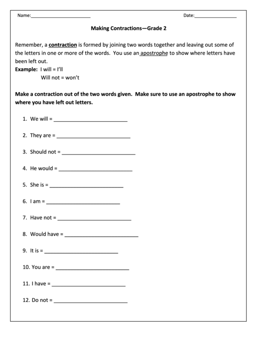 Making Contractions - English Worksheet - Grade 2 Printable pdf
