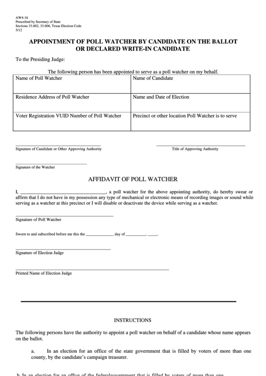 Aw4-16 - Appointment Of Poll Watcher By Candidate On The Ballot Or Declared Write-In Candidate - Texas Secretary Of State Printable pdf