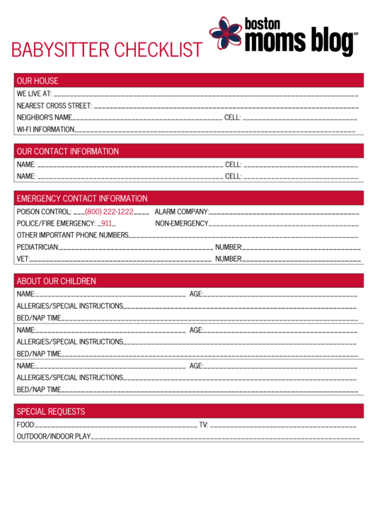 Babysitter Checklist Template Printable pdf