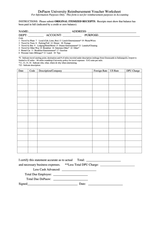Reimbursement Voucher Worksheet Printable pdf