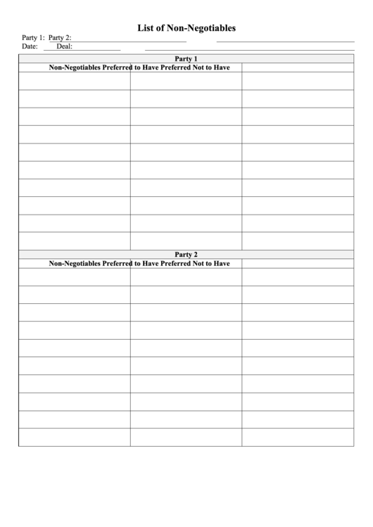 List Of Non-Negotiables Template Printable pdf