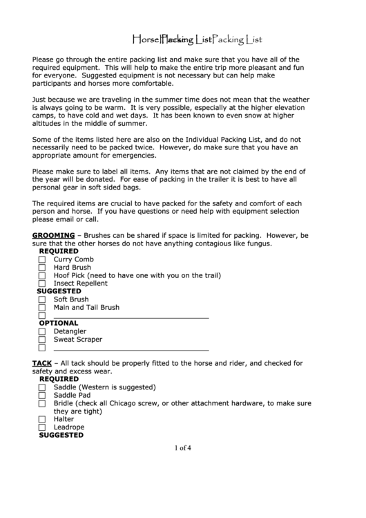Horse Packing Checklist Printable pdf