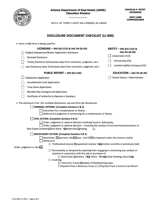 Fillable Li-400 Disclosure Document Checklist Printable pdf
