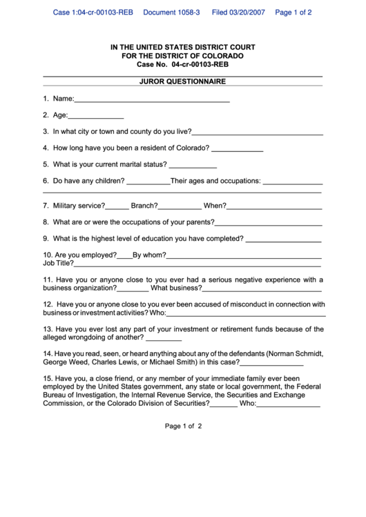 Juror Questionnaire - Dc Printable pdf