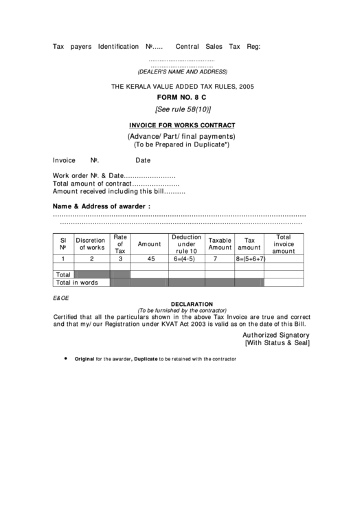 Form 8c Invoice For Works Contract Printable Pdf Download