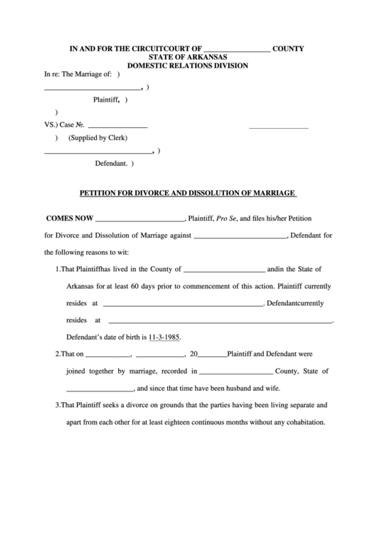 Petition For Divorce And Dissolution Of Marriage - Arkansas Printable pdf